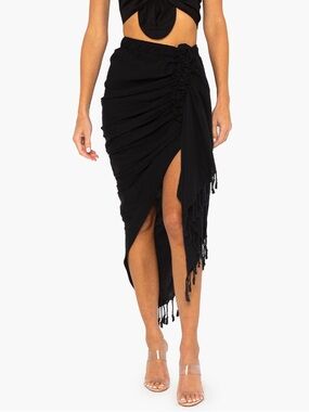 Just Bee Queen Black 100% Linen Tulum Sarong Skirt Size L Tassels Resortwear